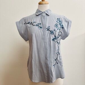 A New Day Striped Blue Floral Embroidered Women's Top